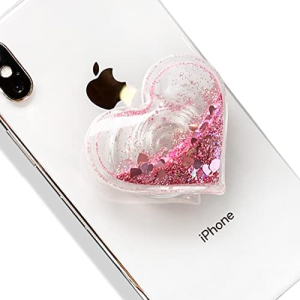 GRIPONG Cute Heart Shape Quicksand Glitter Expandible Collapsible Mobile Phone Grip Stand Holder for Smartphone Tablet Cell Phone Accessory (Pink)