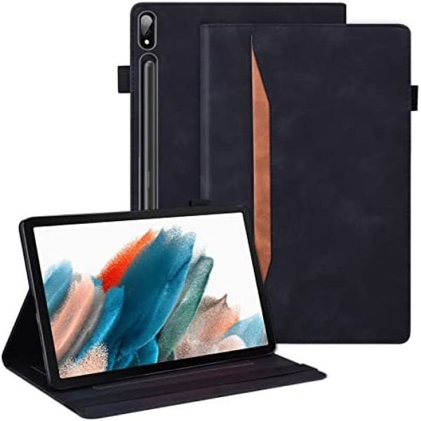Galaxy Tab S8 Ultra Case 2022 - Premium Leather Smart Wake/Sleep Cover with Front Pocket & Multiple Angles Stand Tablet Case for Samsung Galaxy S8 Ultra 14.6 Tablet SM-X900/X906, Black