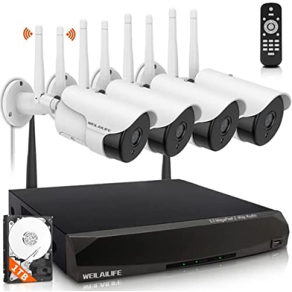 [HD 5MP & 2-Way Audio]- Outdoor Wireless Security Camera System, Dual Antennas Enhanced WiFi Surveillance Camera System, 4 Cams 8 Channel Waterproof Home Video Surveillance (1TB Hard Drive)
