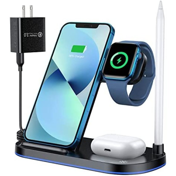 HERRBOL Wireless Charging Station 4 in 1,15W Fast Wireless Charger for iPhone 14/13/12/11/Pro/Max/XS/XR/XS/X/8,Charging Dock Compatible with iWatch SE 7 6 5 4 3 2,AirPods Pro/3/2 and Pencil 1(Black)