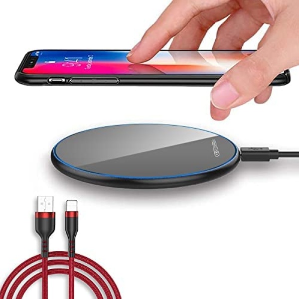 Hodiax Fast Wireless Charger with Bonus Lightning Cable! Qi-Certified 15W Max Wireless Charging Pad Compatible with iPhone SE/11/12/13/X/XR/8,AirPods, Samsung Galaxy, Google Pixel(No AC Adapter)