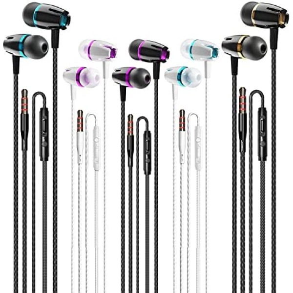 KAJURY Wired Earbuds Pack of 5, Earbuds Headphones with Microphone, Earphones with Heavy Bass Stereo Noise Blocking, Compatible with iPhone and Android Devices, iPad, MP3, Fits 3.5mm Interface Devices