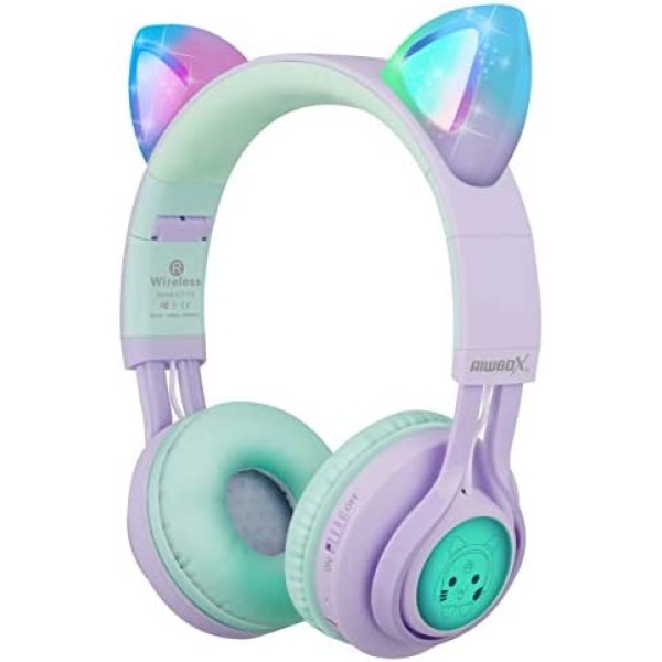 Kids Headphones, Riwbox CT-7S Cat Ear Bluetooth Headphones 85dB Volume Limiting,LED Light Up Kids Wireless Headphones Over Ear with Microphone for Laptop/PC/TV (Purple&Green)