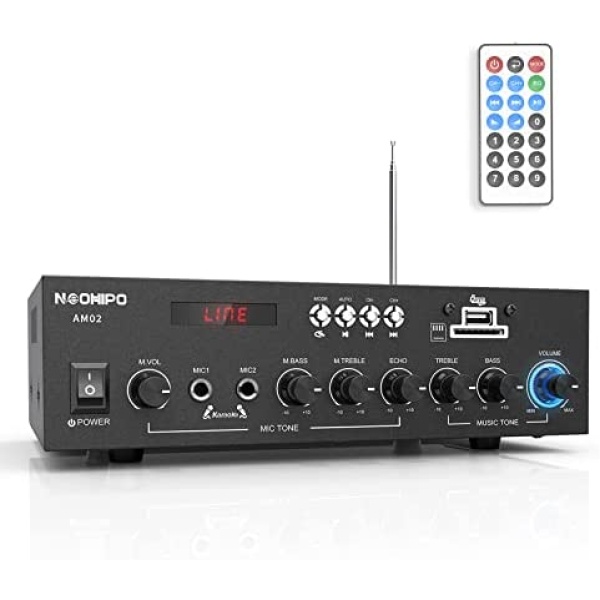 NEOHIPO AM02 300W Bluetooth 5.0 Class AB Stereo Power Amplifier 2.0CH Audio Receiver Amp for Home Theater Entertainment Studio Use with Wireless/RCA/USB/SD Card/Karaoke Input