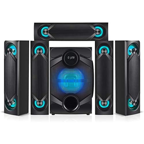 Nyne NHT5.1RGB 5.1 Channel Home Theatre System – Bluetooth, USB, SD, RCA Outputs Inputs, 8 Inch Active Subwoofer, 6” Passive Radiator, LCD Digital Display, Remote Control (Black, Home Theater)