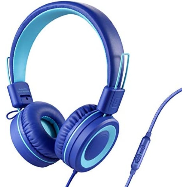 POWMEE P10 Kids Headphones with Microphone Stereo Headphones for Children Boys Girls,Adjustable 85dB/94dB Volume Control Foldable On-Ear Headphone with Microphone for School/PC/Cellphone(Blue)