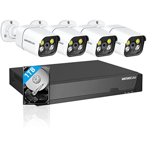 Poe Security Camera System, 4 IP Home Security Cameras 5MP NVR 8 Channel WESECUU Cameras Two Way Audio Home Security System App View, Human Detection, Alarm Voice with Hard Drive 1TB