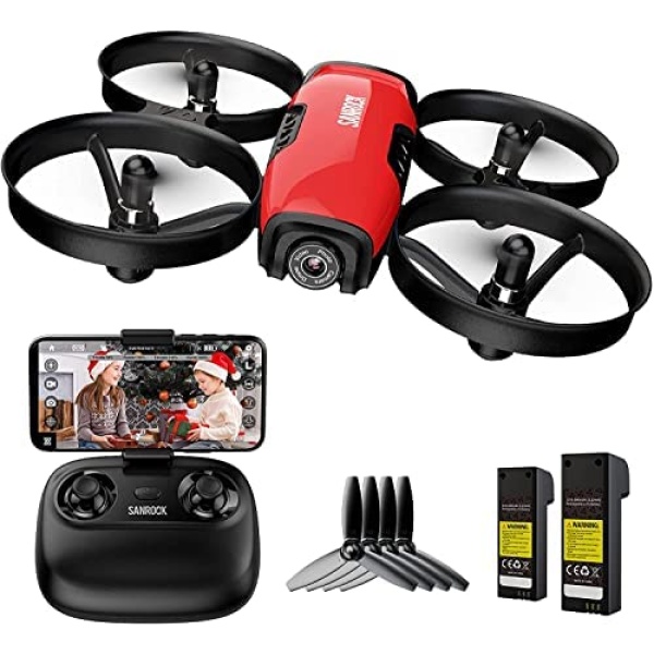 SANROCK U61W Drones with Camera for Kids Adult Beginner 720P HD & 2 Batteries, Mini Drone Toy Gift for Boy Girl WiFi FPV RC Quadcopter, Waypoints Fly, Headless Mode, Altitude Hold, Emergency Stop, RED