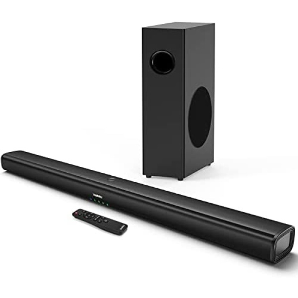 Saiyin Sound Bar, Sound Bars for TV with Subwoofer, 100W Soundbar 2.1 CH Surround Sound System, DSP Home Theater Audio with Wireless Bluetooth 5.0/Optical/Coxial/RCA Connection, Wall Mountable
