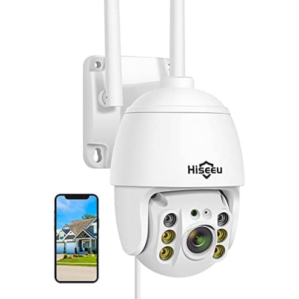 Security Camera Wireless Outdoor, Hiseeu 3MP Color Night Vision WiFi Home Video Surveillance Pan&Tilt 360° with Motion Detection,Siren/Motion/Light Alarm,2-Way Audio,IP66 Weatherproof,Work with Alexa