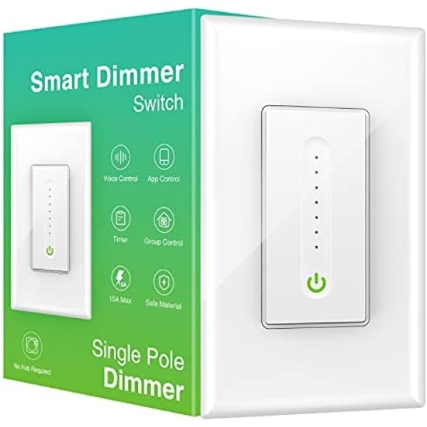 Smart Dimmer Switch Work with Alexa Google Home, Neutral Wire Required 2.4GHz Wi-Fi Switch for Dimming LED CFL INC Light Bulbs, Single Pole, UL Certified, No Hub Required, 1Pack