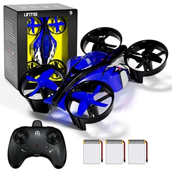 UNTEI 2 In 1 Mini Drone for Kids Remote Control Drone with Land Mode or Fly Mode, LED Lights,Auto Hovering, 3D Flip,Headless Mode and 3 Batteries,Toys Gifts for Boys Girls (Blue)
