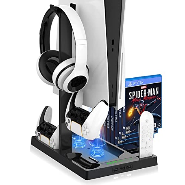 Vertical Stand with Cooling Fan for PS5 Console and PS5 Digital Edition, PS5 Dualsense Charging Station, Charging Station Dock with Dual Controller Charger Ports and Retractable Game Storage for PS5