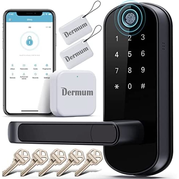 WiFi Smart Lock, Dermum Biometric Fingerprint Keyless Entry Door Locks with Handle, Digital Electronic Keypad Deadbolt, App Control, Auto Lock, for Front Door Home Office Airbnb, Gateway Included