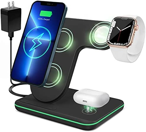 Wireless Charger 3 in 1, 15W Fast Charging Station Compatible with iPhone iPhone 14 13 12 11/Plus/Pro/Pro Max/XR/XS/X/8, iWatch Ultra 8 7 6 SE 5 4 3 2 1, AirPods 2/3/Pro (No Watch Charging Cable)