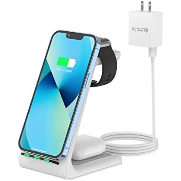 Wireless Charger, 3 in 1 Charging Station for Multiple Apple, Fast Qi Charger Stand for iPhone 13/12/SE/11/XS/XR/X/8, Samsung Galaxy S10/S9/S8/S7, Apple Watch 7/6/SE/5/4/3/2, AirPods 3/Pro/2