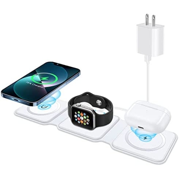 Wireless Charger 3 in 1, Magnetic Foldable Wireless Charging Station for iPhone 14/13/12/11 Pro Max/X/Xs Max/8/8 Plus, AirPods 3/2/pro, iWatch Series 7/6/5/SE/4/3/2 (Adapter Inclues)