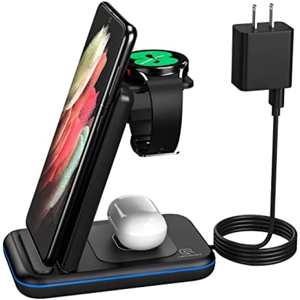 Wireless Charger for Samsung, HOLYJOY 3 in 1 Qi-Certificate Fast Charging Station/Dock Compatible with Samsung Galaxy S21/S20/Note 20/Note 10, Galaxy Watch 4/3/Active 2/1/LTE, Buds+/Live (Black)