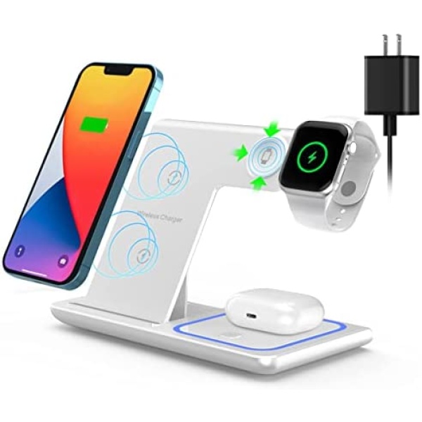 Wireless Charger,MILDILY 3 in 1 Wireless Charging Station for Apple iPhone/iWatch/Airpods, iPhone 14,13,12,11 (Pro, Pro Max)/XS Max/XR/XS/X/8(Plus), iWatch 7/6/SE/5/4/3/2,AirPods 3/2/pro(White