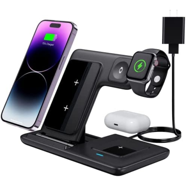Wireless Charging Station, 3 in 1 Wireless Charger Compatible with iPhone 14/13 Pro/13/12/11/Pro/SE/XS/XR/X/8 Plus/8, 18W Wireless Charging Dock Stand for Apple Watch Series & Airpods (with Adapter)
