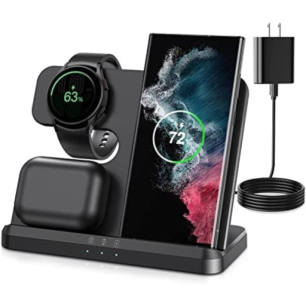 Wireless Charging Station for Samsung, 3 in 1 Qi-Certificate Fast Charger Dock for Galaxy Watch 4/3/Active 2/1/LTE, Galaxy S22/S22 Ultra/S21/S20/Note 20/10/Z Flip 3 Fold, Buds+/Live with 18W Adapter