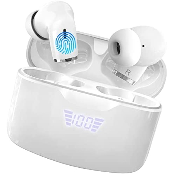 Wireless Earbud, Bluetooth 5.2 Headphones with LED Power Display, Bluetooth Earbud in Ear Noise Cancelling with Mic, Wireless Earphones with Deep Bass, IP7 Waterproof, 40H Playtime Ear Buds, White