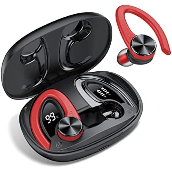 Wireless Earbuds Bluetooth Headphones with Physical Noise Cancellation, Bluetooth 5.3 Ear Buds with LED Display and Mic, IPX7 Waterproof Over Ear Earphones for Sports Running Workout Gym Red