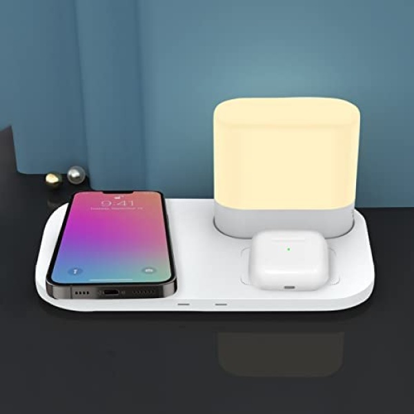 ZANOGI Wireless Charger with Night Light, Certified 15W Max Fast Wireless Charging Pad with USB-C Port，Wireless Charging Station Compatible with iPhone 13/12/12 Pro/11/11 Pro Max/XS Max/XR/X/SE