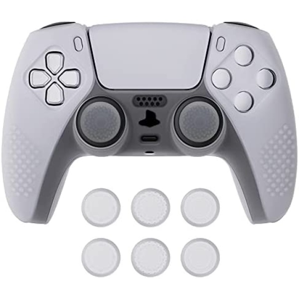 eXtremeRate PlayVital Clear White 3D Studded Edition Anti-Slip Silicone Cover Skin for Playstation 5 Controller, Soft Rubber Case for PS5 Wireless Controller with 6 Clear White Thumb Grip Caps