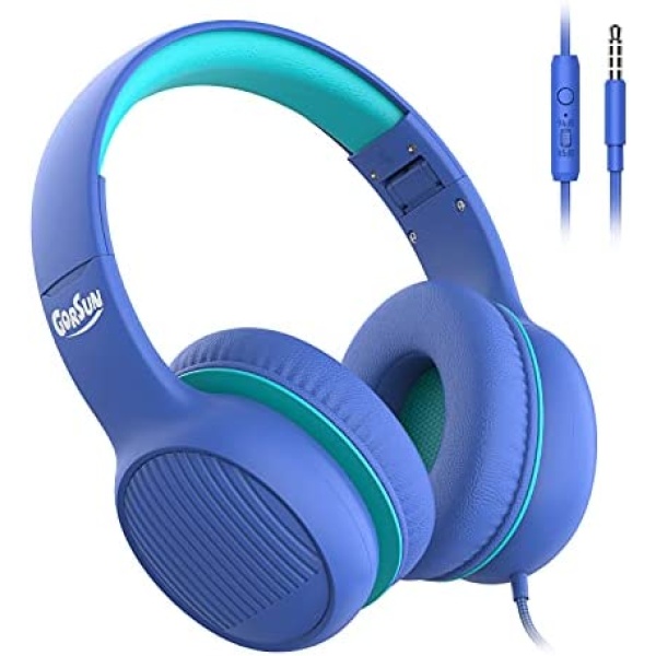 gorsun Premium A66 Kids Headphones with 85dB/94dB Volume Limited, in-line HD Mic, Audio Sharing, Foldable Toddler Headphones, Adjustable, Children Headphones Over-Ear for School Travel, Blue