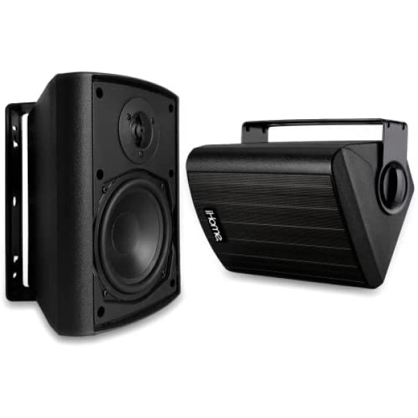 iHome IHSI-W650BT-PR-BLK Bluetooth Indoor/Outdoor All Weather Weatherproof 6.5 Inch Small 100W Watt Wall/Ceiling Mounted Surround Sound Powered Patio Speakers System Pair in Home Party Enclosure