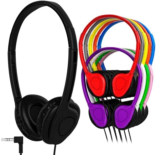 10 Pack Multi Color Kid's Wired Leather On Ear Headphones, Individually Bagged, Disposable Headphones Ideal for Students in Classroom Libraries Schools, Bulk Wholesale