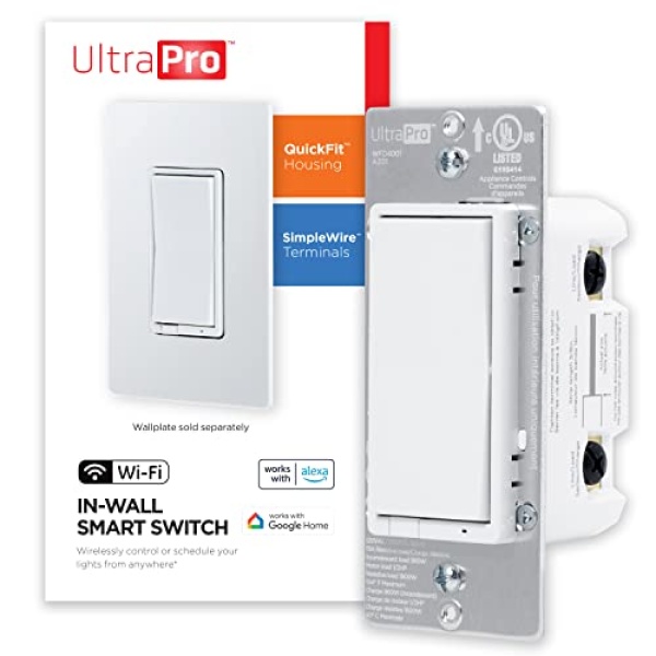 UltraPro Smart Switch, 2.4GHz Wi-Fi Smart Light Switch, QuickFit & SimpleWire, 3 Way Switch, Works with Alexa, Google Assistant, No Hub Needed, UL Certified, Needs Neutral Wire, White, 1 Pack, 51398