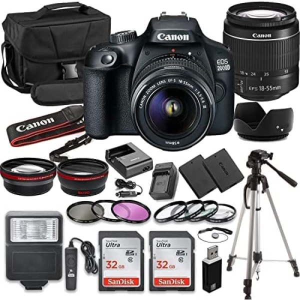 Canon EOS 2000D (Rebel T7) DSLR Camera Bundle with Canon EF-S 18-55mm f/3.5-5.6 Lens + 2pc SanDisk 32GB Memory Cards + Professional Kit