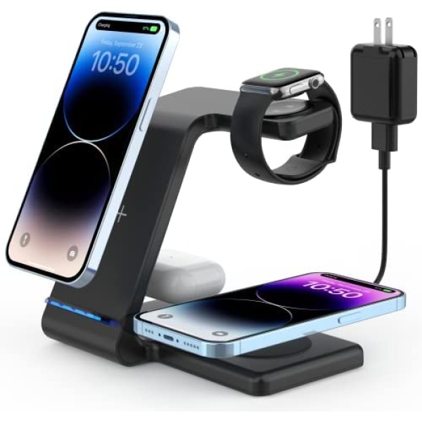 Charging Station for Multiple Devices Apple, 4 in 1 Wireless Charger Station, with Qi-Certified 30W Charging Dock for Apple Watch 7 6 SE 5 4 3, iPhone 14 13 12 11 Pro, Pro Max, Mini, AirPods Pro 3, 2