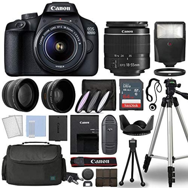 Electronics Canon EOS 4000D / Rebel T100 Digital SLR Camera Body with EF-S 18-55mm Lens Bundled with Additional Lenses + 64GB + Flash + Case & More Complete Accessory Bundle - International Model