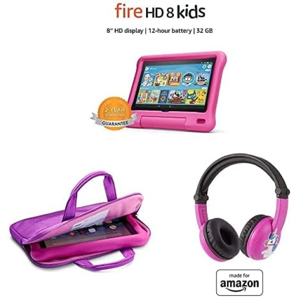 Fire HD 8 Kids Tablet, 8" HD Display (32 GB, Pink) + Zipper Sleeve (Purple) + Pink PlayTime Bluetooth Headset