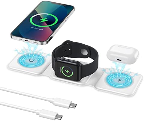 KeeKit 3 in 1 Wireless Charger, Foldable Magnetic Charger Station, 18W Fast Wireless Charging Pad, Compatible with iPhone 14/13/12/11, Samsung Galaxy, AirPods, Google Pixel, Apple Watch