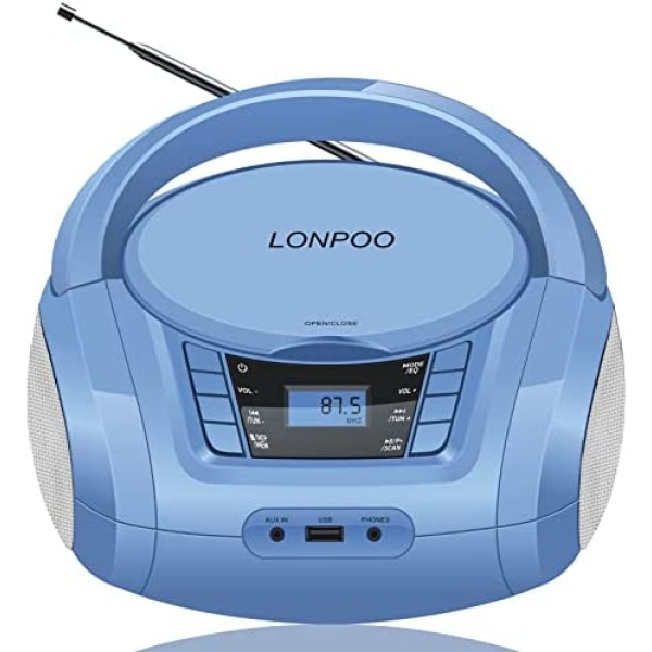 LONPOO Portable CD Player Kids Gift Boombox Classic Stereo Sound System Outdoor Speaker with FM Home Audio Radio, Bluetooth, Aux-in, USB Playback, Blue