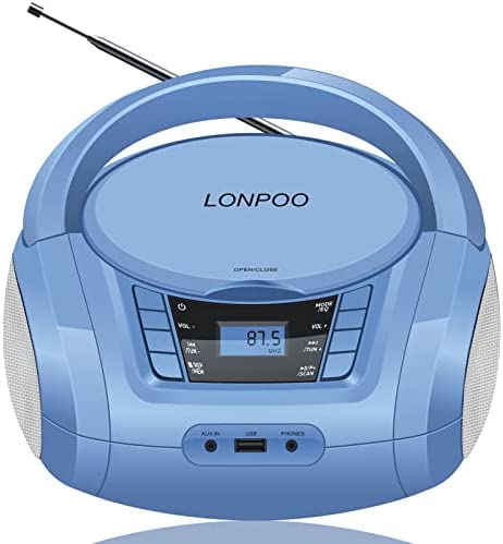 LONPOO Portable CD Player Kids Gift Boombox Classic Stereo Sound System Outdoor Speaker with FM Home Audio Radio, Bluetooth, Aux-in, USB Playback, Blue