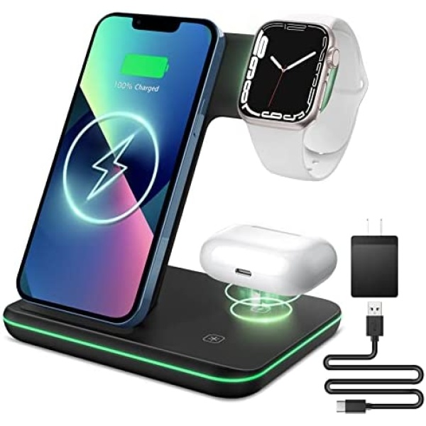 Liwin Wireless Charger, 3 in 1 Fast 15W Wireless Charging Station Compatible with Apple Watch 8 7 SE 6 5 4 3 2, iPhone 14 13 12 11 Pro/Pro Max/8/X, AirPods Pro 3 2, for Samsung S22 S21 S10 S9, Black