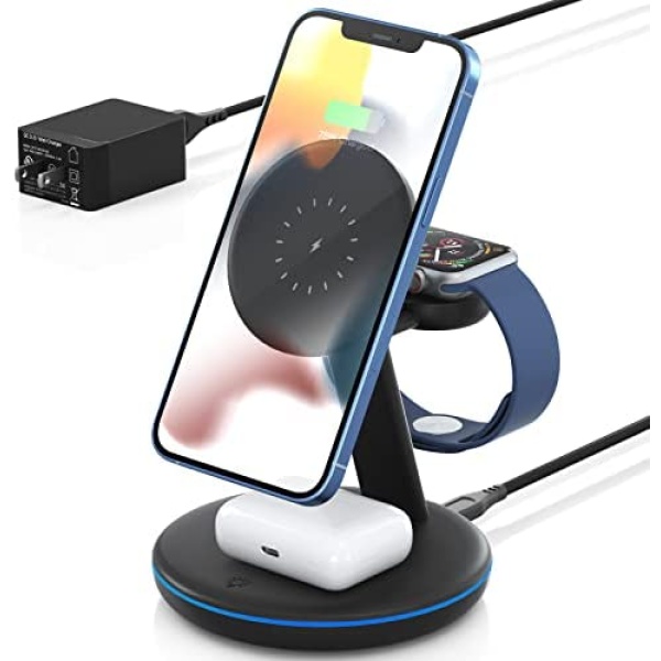 Magnetic Wireless Charger 3 in 1, PEXXUS 15W Fast Mag-Safe Charger Stand Wireless Charging Station for iPhone 14 13 12 Pro/Max/Mini,AirPods Pro/3/2, Apple Watch 7/6/SE/5/4/3/2(QC3.0 Adapter Included)