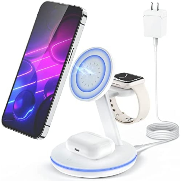 Magnetic Wireless Charging Station for Apple Series, 3-in-1 Standard 15W Fast Mag-Safe Charger Stand with QC3.0 Adapter, for iPhone 14,13,12 Pro Max/Pro/Mini/Plus, iWatch Ultra/8/7/6/5/4/3/2, AirPods