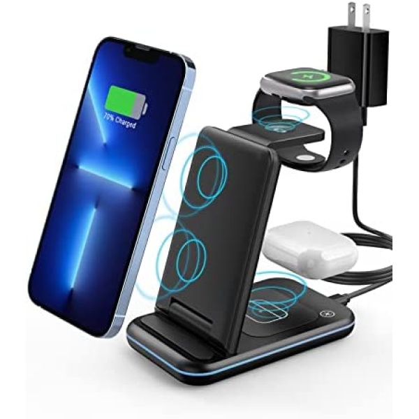 Wireless Charger, 3 in 1 Fast Wireless Charging Station, Wireless Charging Stand Dock 18W Foldable for Apple Watch 8/7/6/SE/5/4/3/2 AirPods 3/2/Pro iPhone 14/13/12/11/Pro/XS/Xs Max/XR/X/SE/8/8 Plus