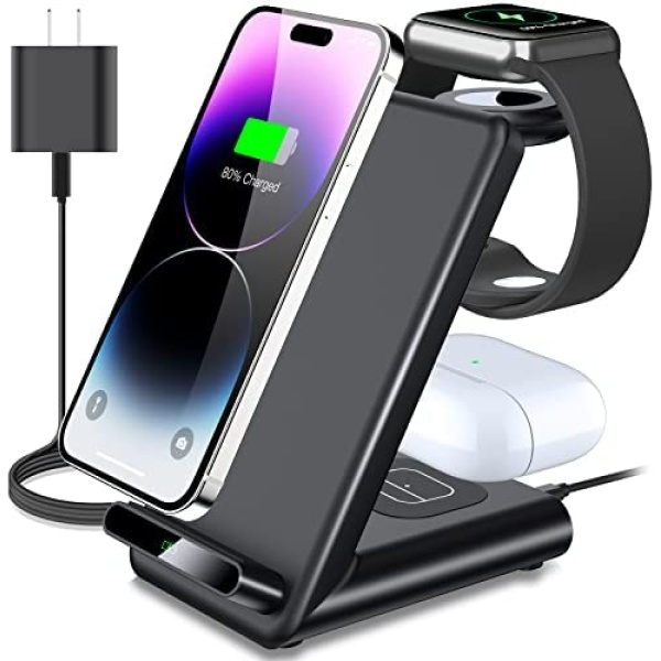 Wireless Charging Station,3 in 1 Wireless Charging Stand Made for Apple Watch Ultra 8 7 6 SE 5 4 3,Fast Wireless Charger Made for iPhone 14/14 Plus/14 Pro Max/13/12/11/X/8,AirPods Pro 2(with Adapter)
