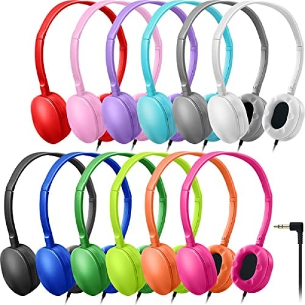 12 Pcs Bulk Headphones Mixed Colors School On Ear Headphones Adjustable Classroom Headphones with 3.5 mm Plug for Boys Girls Students Libraries Laboratories Museums Testing Centers Airplane