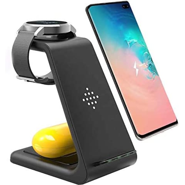3 in 1 Wireless Charger for Samsung Galaxy S21, S20, S10, S8, Android, Smart Watch, and Bluetooth Headset - Qi Certified (Black)