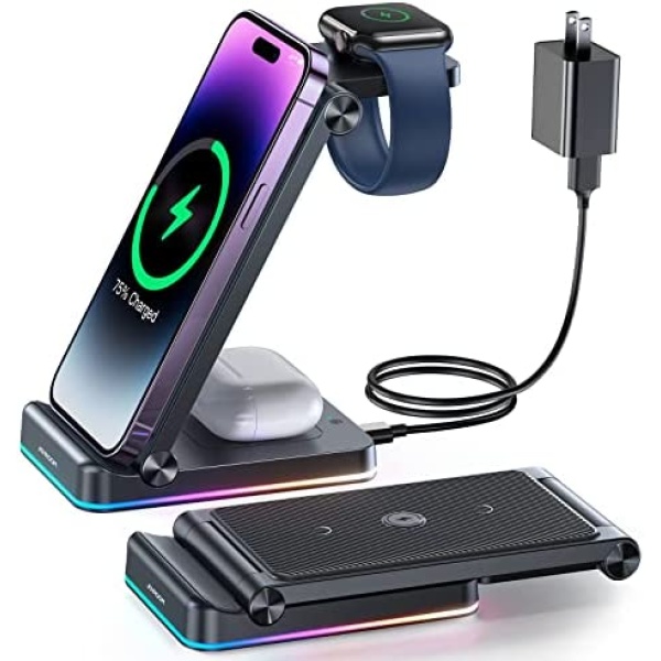 3 in 1 Wireless Charging Station, JOYROOM【Foldable & Double Coil】 Foldable Wireless Charger Compatible with iPhone14/13 Series, Apple Watch Ultra/8/7/6/5, and Airpods Pro/2nd/3