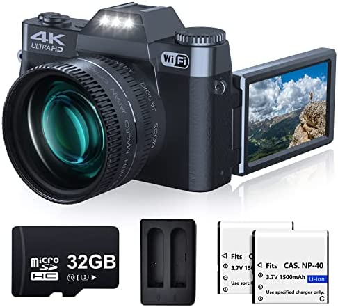 4K Digital Camera for Photography VJIANGER 48MP Vlogging Camera for YouTube with 3.0’’ 180° Flip Screen, WiFi, 16X Digital Zoom, Wide Angle Lens & Macro Lens, 2 Batteries, 32GB Micro SD Card(W02 B1)