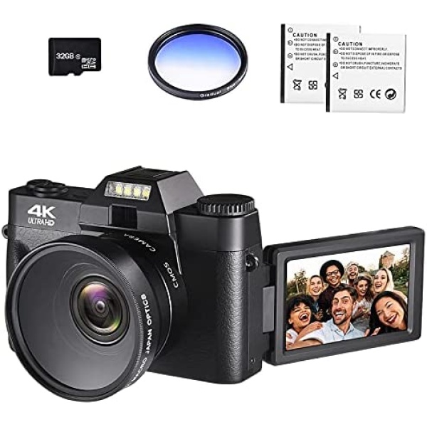 4K Digital Vlogging Camera for YouTube Autofocus Camcorder for Photography 48MP Video Camera with WiFi Connection 3.0" IPS Flip Screen, Wide Angle Lens,16X Digital Zoom (32GB SD Card, 2 Batteries)